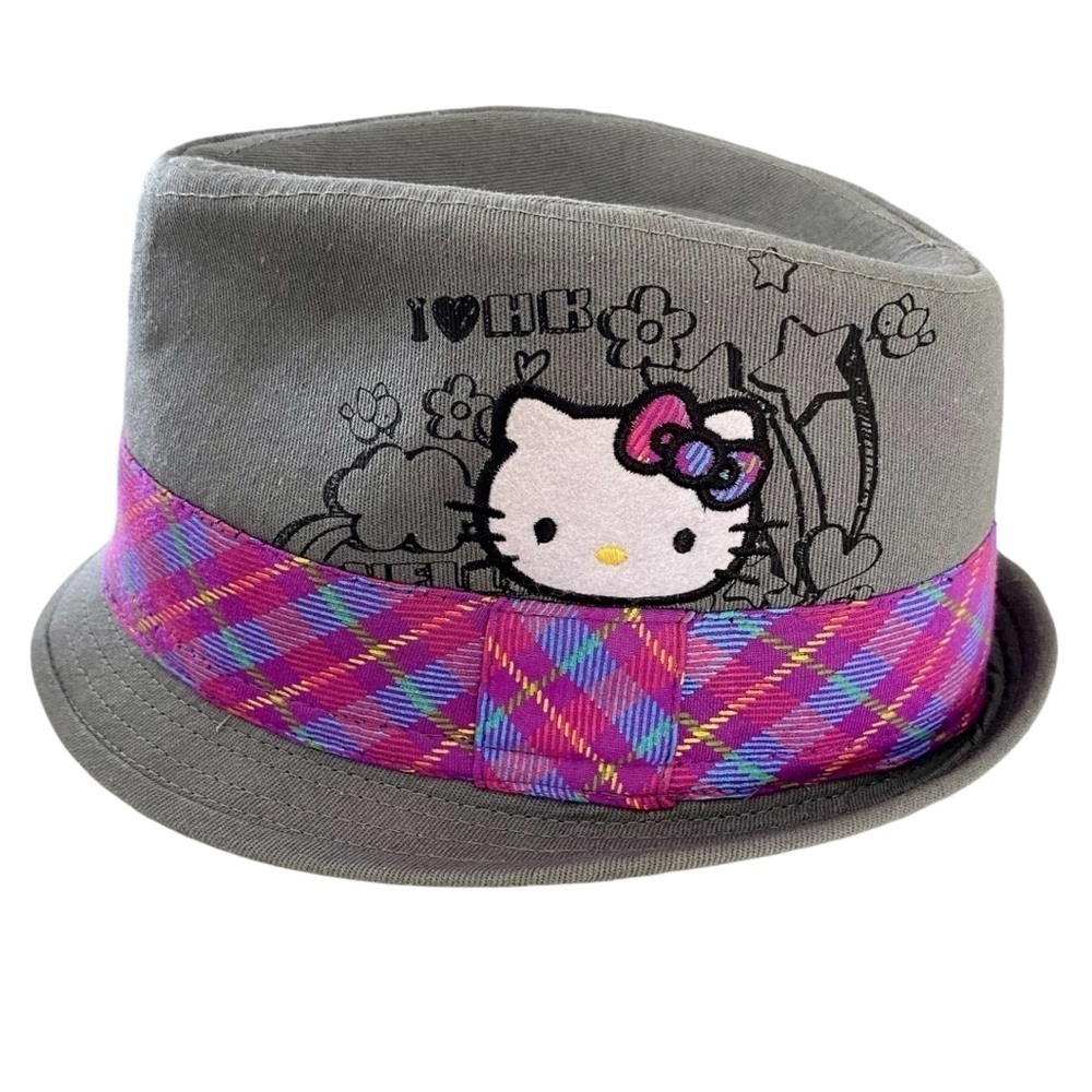 HELLO KITTY Fedora Grey Purple Pink Plaid Band White Hello Kitty Youth Size S/M